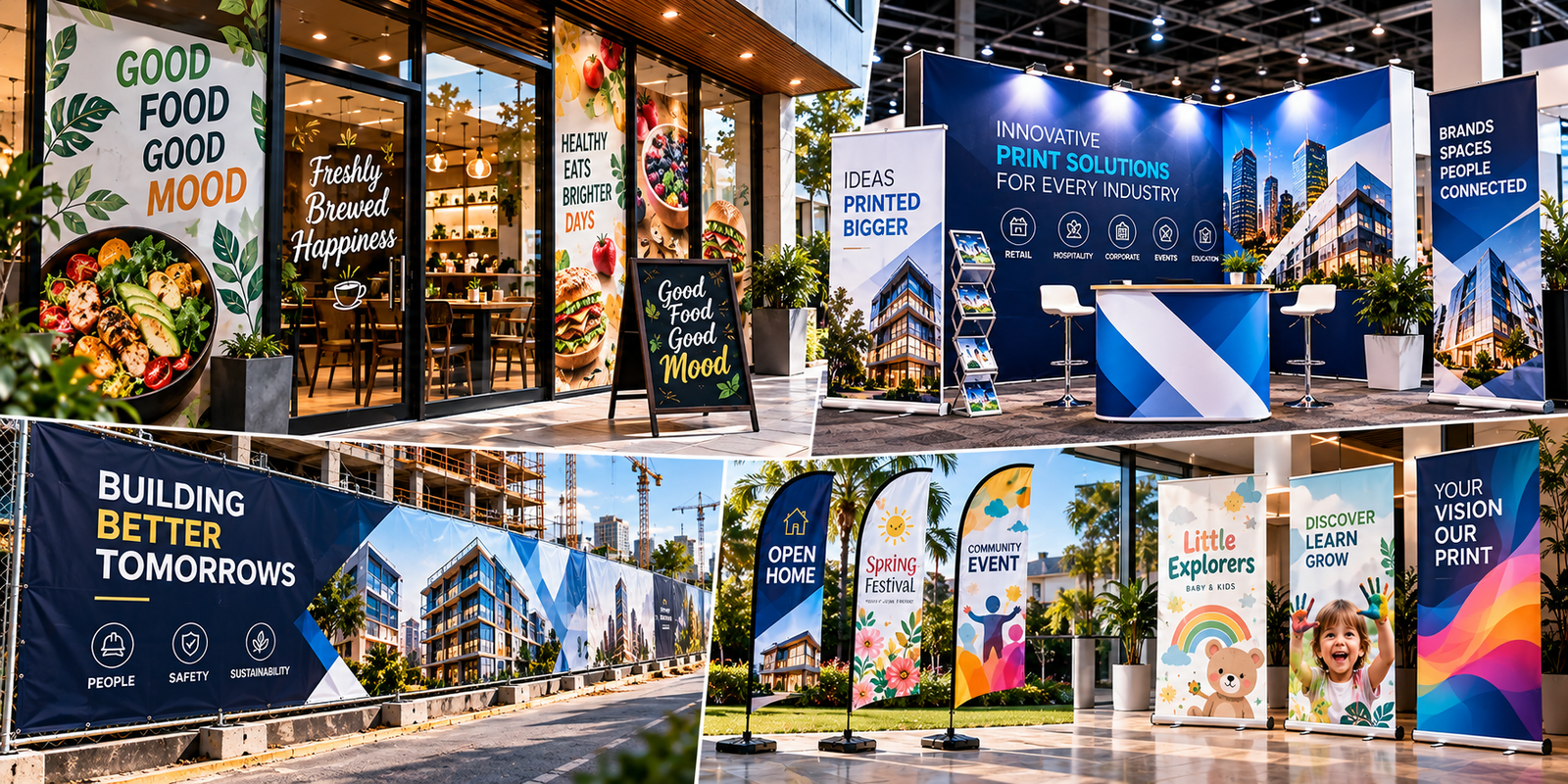 Large-format display applications including exhibition displays, pull-up banners and outdoor mesh signage
