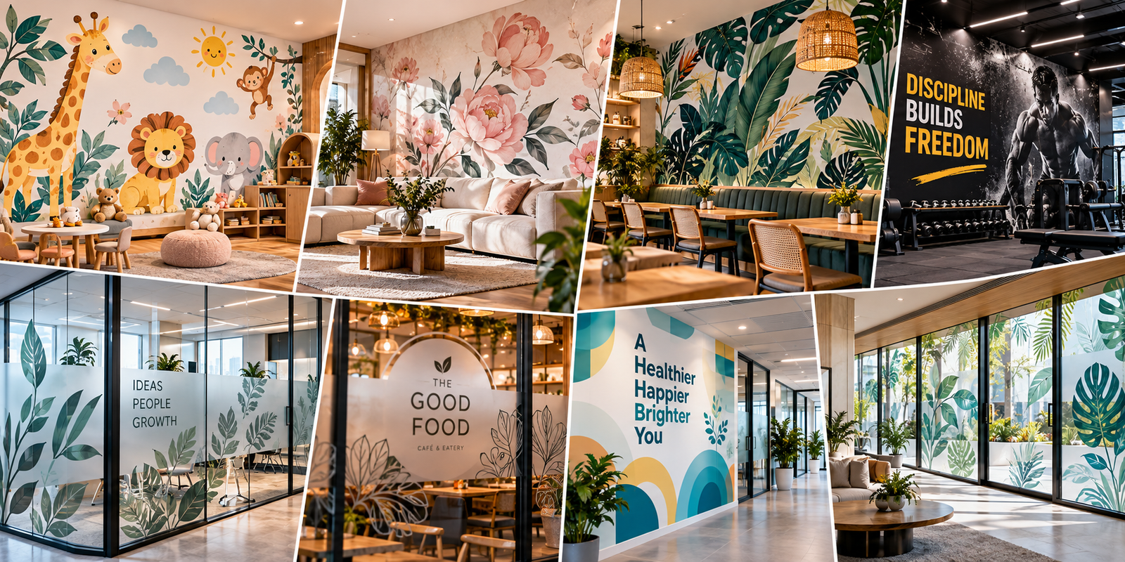 Walls and interiors applications including murals, wallpaper and window films